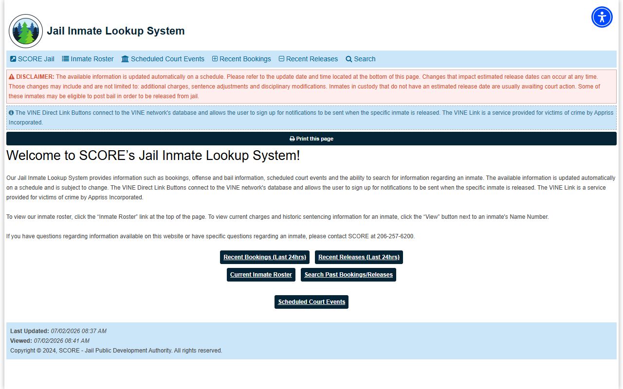 San Juan County inmate population SCORE lookup homepage
