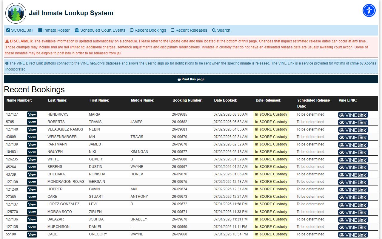 San Juan County SCORE recent bookings roster list data not confirmed as mugshots